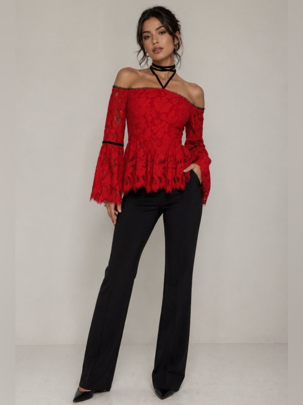 ALEXIS Red Lace Off Shoulder Peplum Top Boho Medium